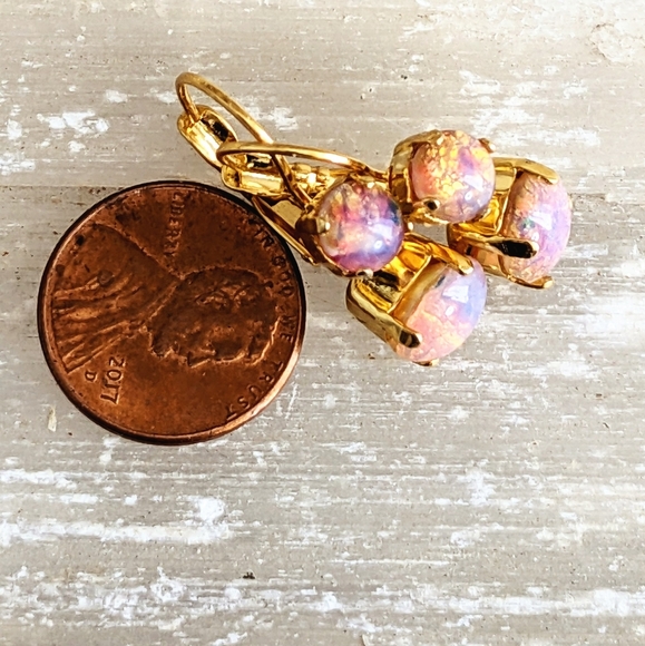 Fiery Pink Fire Opal / Harlequin  In Gold Plated Earrings.. - Picture 6 of 7